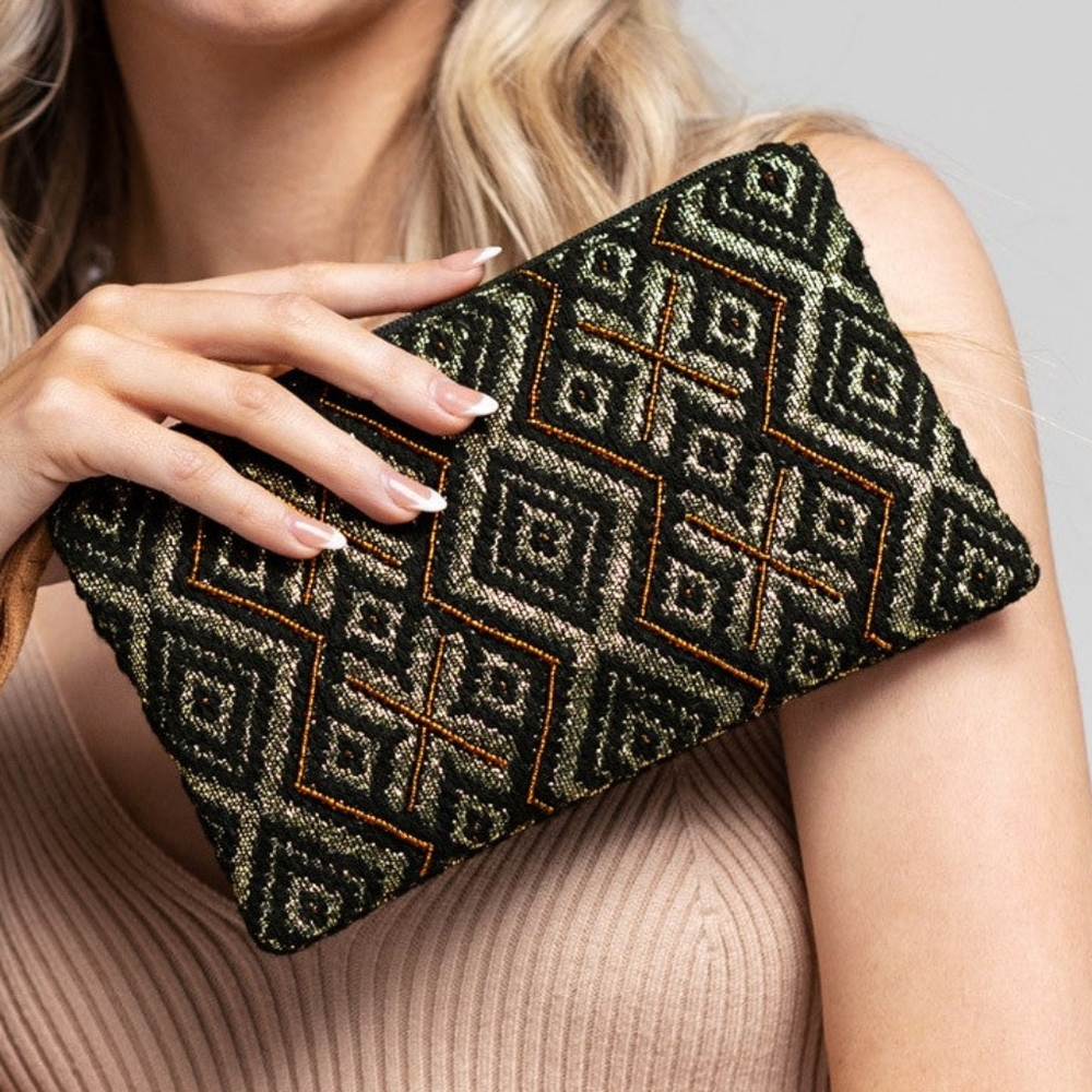 Handmade Hand Beaded Wristlet Clutch - Ethnic Inspired Design - Dyed Fine Cotton